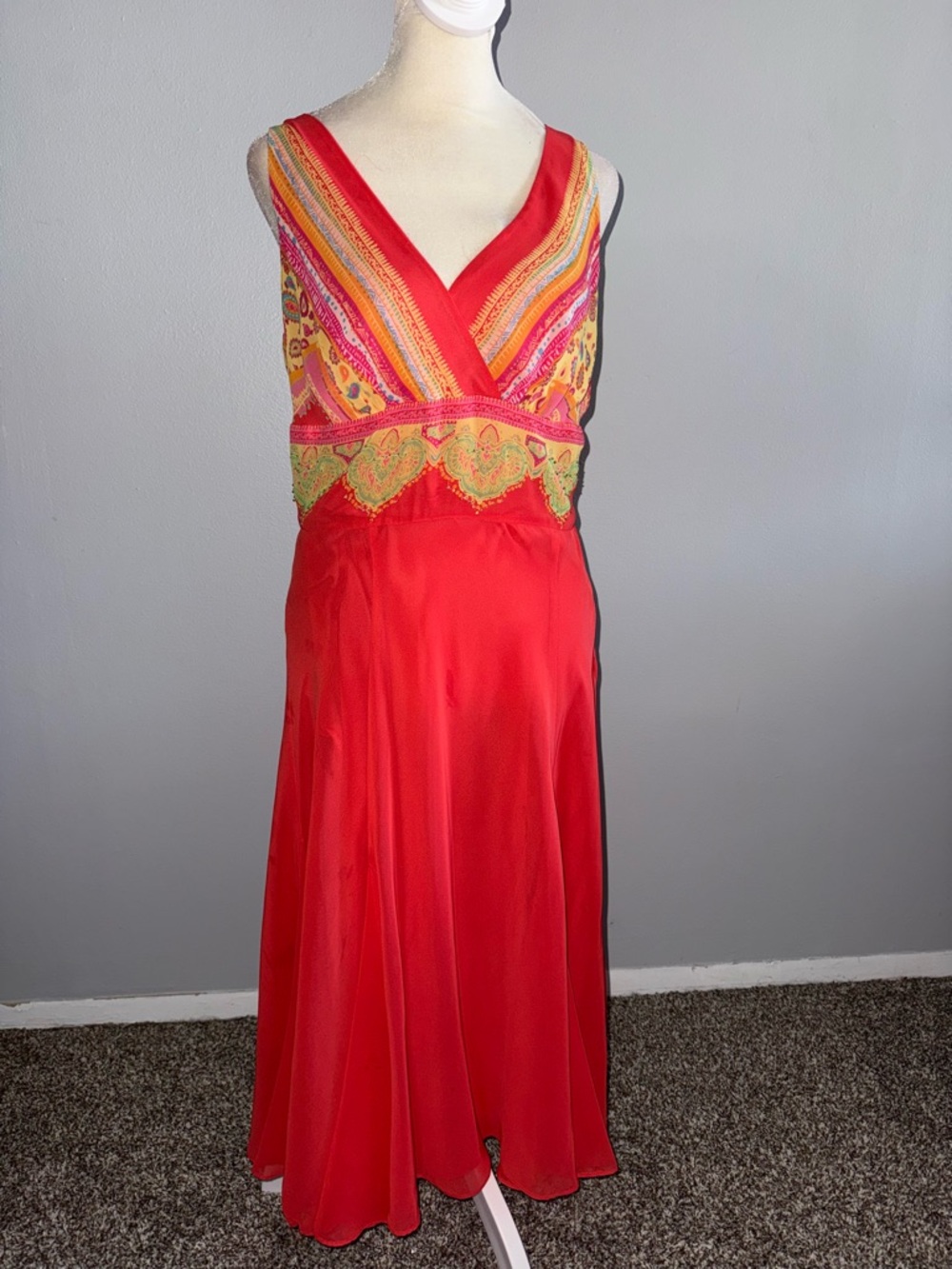 Bandolino Red Maxi Dress with Multicolor Embroidered Bodice